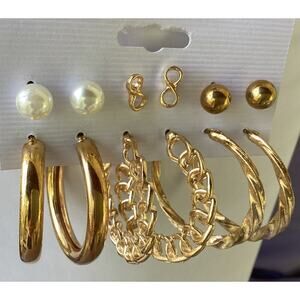 4211 NIP 6 Pair Goldtone Faux Pearls Hoops Contemporary Drop Earrings Studs